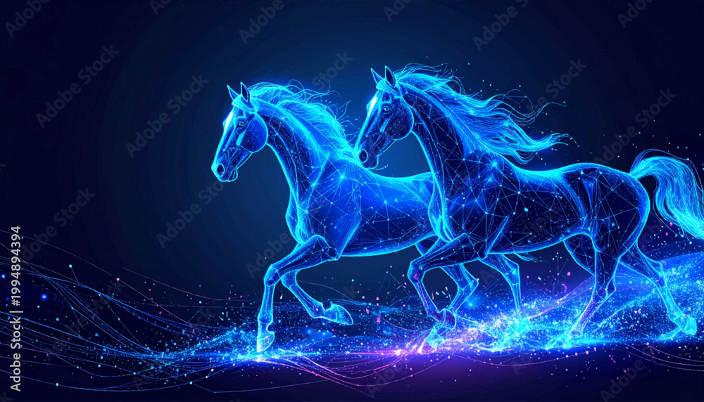 Obraz premium Luminous blue horses emerging from sparkling energy particles. Elegant equine duo glowing across deep futuristic space. Digital stallions with fluid motion and radiant texture