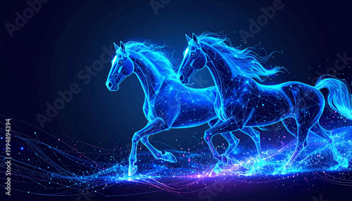 Luminous blue horses emerging from sparkling energy particles. Elegant equine duo glowing across deep futuristic space. Digital stallions with fluid motion and radiant texture