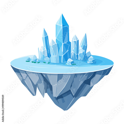 Magic crystal floating island with glowing blue shards for fantasy adventure games and mystical arctic world environment design
