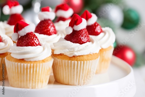Holiday Cupcakes With Strawberry Hats on a White Stand During a Festive Season