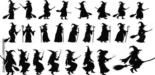 Black vector illustration set of business people and sport dancer silhouettes featuring a woman, man, and child in active action poses