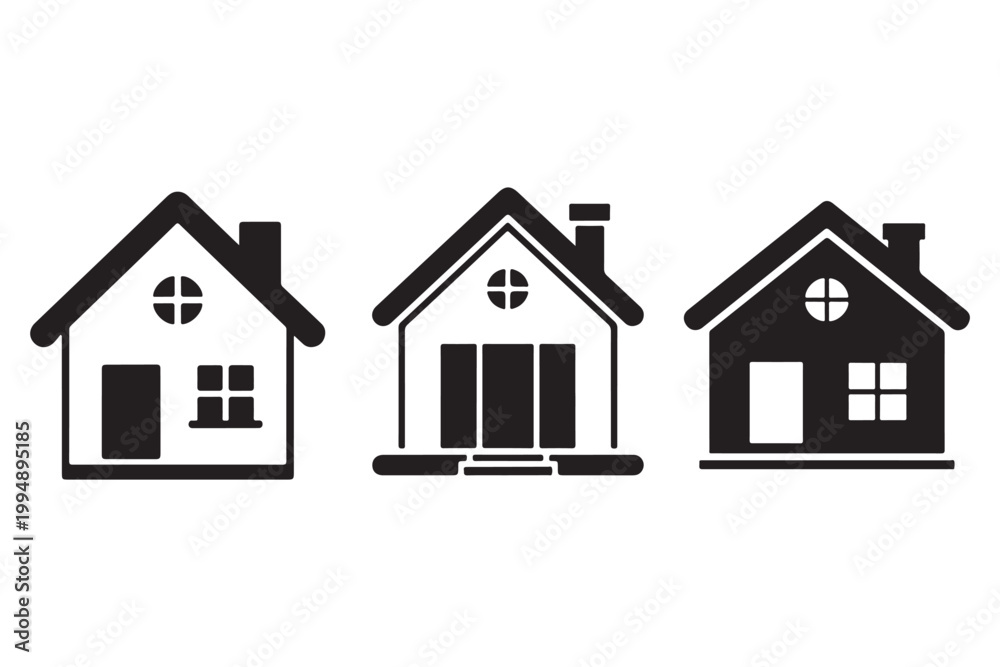 Fototapeta premium Three black house with different window and door styles home silhouette building architecture