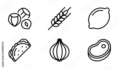 Culinary food ingredient icons including vegetables grains lemon meat and taco outline collection with ingredients, vegetables
