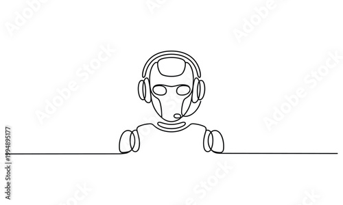 Minimalist robot wearing headphones with a microphone for communication services.