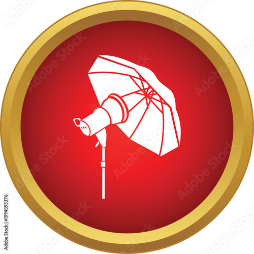 Studio light with umbrella reflector inside a red and gold circle icon