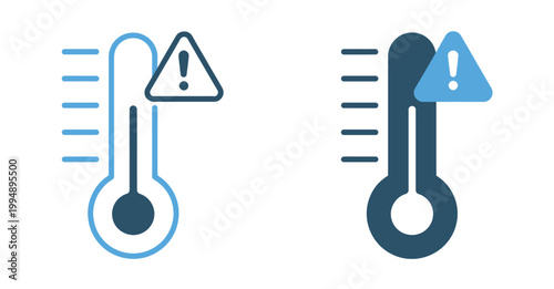 Temperature warning icon vector illustration set, thermometer with alert symbol indicating high temperature, overheating, and climate warning concept