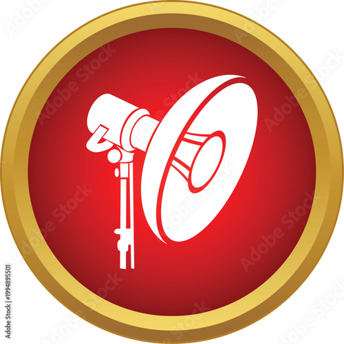 Studio strobe light with a reflector inside a red circle with golden border