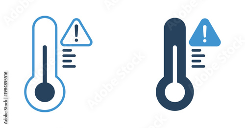 Temperature warning icon vector illustration set, thermometer with alert symbol indicating high temperature, overheating, and climate warning concept