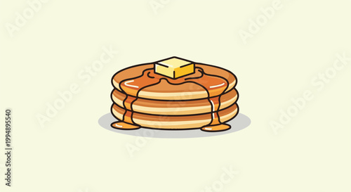 Stack of three round, golden-brown pancakes drizzled with syrup and topped with butter