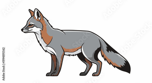 Stylized illustration of a grey fox with reddish-brown markings, facing left