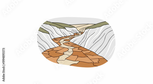 Stylized, hand-drawn landscape depicting a winding riverbed through arid, layered terrain