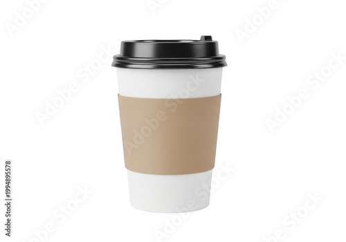 A disposable coffee cup with a cardboard sleeve and white lid isolated on transparent background