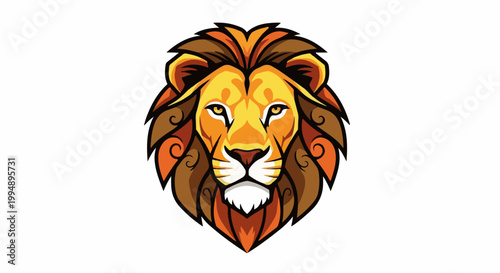 Stylized lion's face with a bold, flowing mane in warm orange, brown, and yellow tones