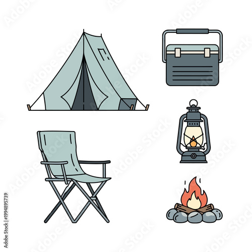 Camping essentials set includes tent folding chair cooler lantern and campfire for outdoor living and overnight stays in nature.
