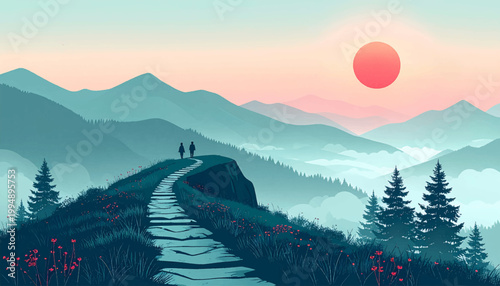 Silhouetted hikers walking ridge trail beneath pastel sunset sky. Scenic cliff pathway above misty forest valleys and soft peaks. Tranquil mountain outlook with floral grass and coral sun