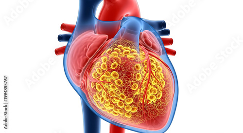 A detailed illustration of a human heart with a transparent section revealing its inner chambers and blood vessels.