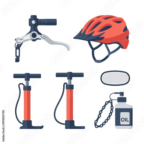 Cycling equipment including helmet brake lever bicycle chain oil and two air pumps for bike maintenance and riding.