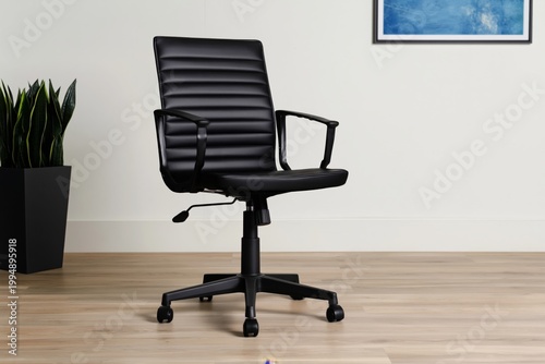 Comfortable Black Office Chair in a Simple Workspace With Plants and Art on t...