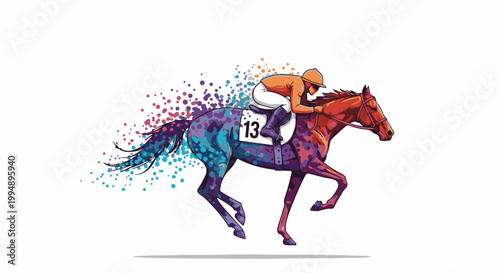 Stylized horse and rider race across a white background with exploding colorful dots