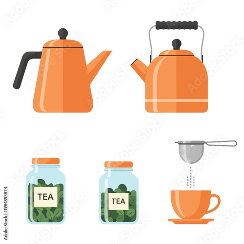Tea time accessories for brewing and enjoying hot beverages, including kettles, jars of tea leaves, strainer, and cup with saucer, vector illustration.