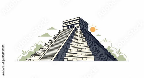 Stylized illustration of a grand pyramid under a bright sun with clouds and lush foliage