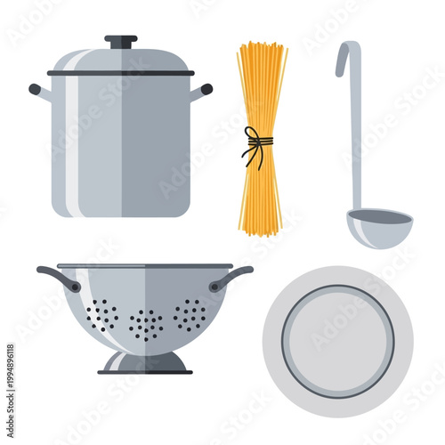 Large cooking pot bundle of spaghetti and ladle with colander and plate for pasta preparation and meal cooking in kitchen.