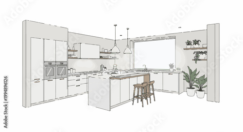 Sketch of a modern kitchen interior with island, plants, and natural light