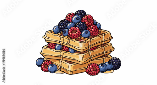 Stacked golden waffles generously topped with fresh berries and dripping syrup