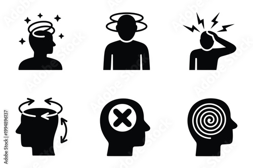 Fotografie Health symptom icon collection in black silhouette style, representing dizziness