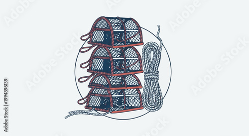 Stacked crab traps and coiled rope within a circular outline