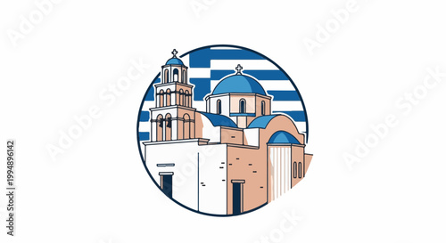 Stylized illustration of Greek Orthodox church domes and bell tower, against flag stripes