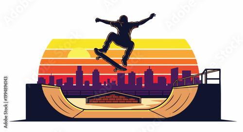Skater performs aerial trick against a vibrant sunset cityscape and ramp