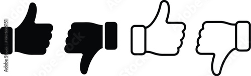 Thumb, up and thumb down icon set featuring like and dislike symbols in clean vector style ideal for user interface design, feedback systems, and social media interaction elements.