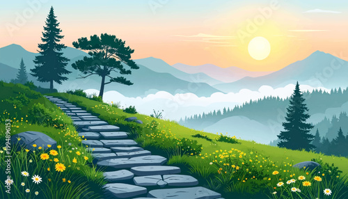Gardenlike mountain trail with blossoms, trees, and warm sunrise. Lush hillside pathway overlooking misty valleys and soft peaks. Inviting scenic route through green meadow under glowing sky