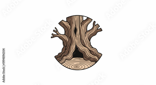 Stylized illustration of a hollow, ancient tree trunk with a dark opening and rough, textured bark