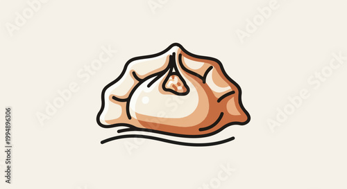Stylized dumpling with pleated edges and a textured filling, rendered with thick outlines and warm tones
