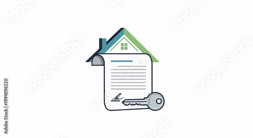 Stylized house, contract with signature, and key represent home ownership or real estate transaction