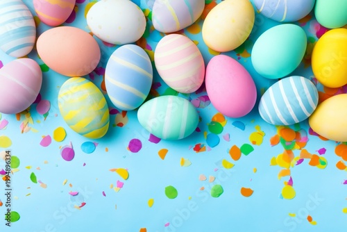 Colorful Easter Eggs and Confetti on a Blue Background for Holiday Celebration