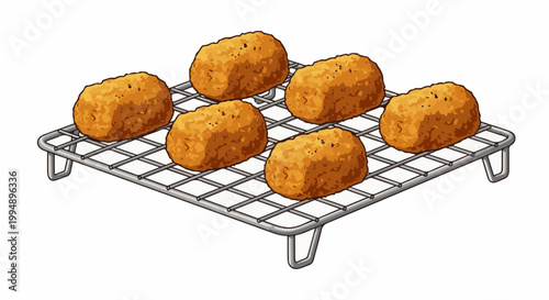 Six golden-brown, crispy croquettes rest on a silver wire cooling rack, awaiting their delicious fate