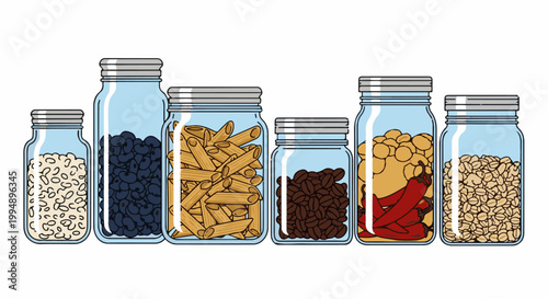 Six glass jars filled with various dry foods beans, pasta, coffee, and grains