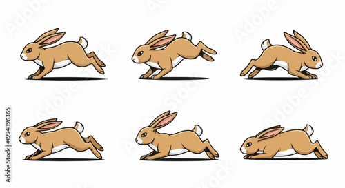 Six frames of a cartoon rabbit in mid-leap, from side view, brown fur