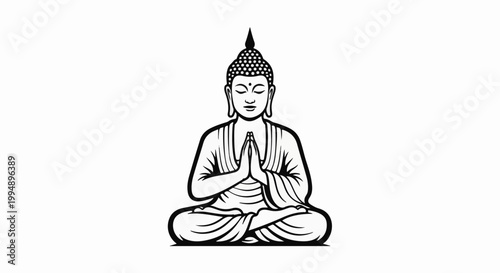 Stylized black and white depiction of Buddha in meditation, hands clasped