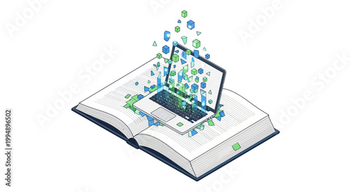 Digital Education Concept: Isometric Illustration of Laptop on Open Book with Flying Data Cubes for E-learning and Modern Knowledge Sharing