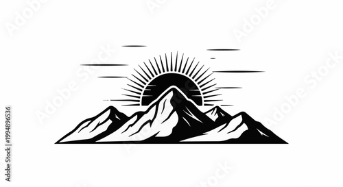 Stylized black and white illustration of sun rising over jagged mountain peaks