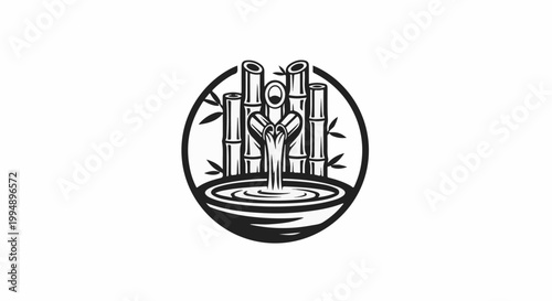 Stylized black and white illustration of bamboo stalks with water flowing into a basin