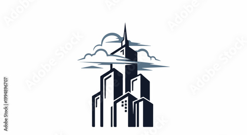 Stylized dark buildings rise, partially obscured by stylized clouds