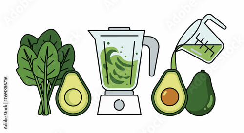 Smoothie ingredients being blended with avocados and spinach for a healthy drink