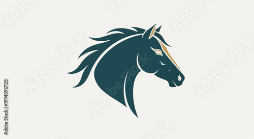Stylized dark teal horse head with a flowing mane and gold accents
