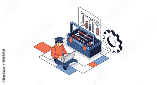 Isometric Technical Education Illustration: Student with Graduation Cap Using Laptop Near Industrial Tools and Gear
