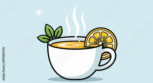 Steaming cup of herbal tea with lemon slice and mint leaves